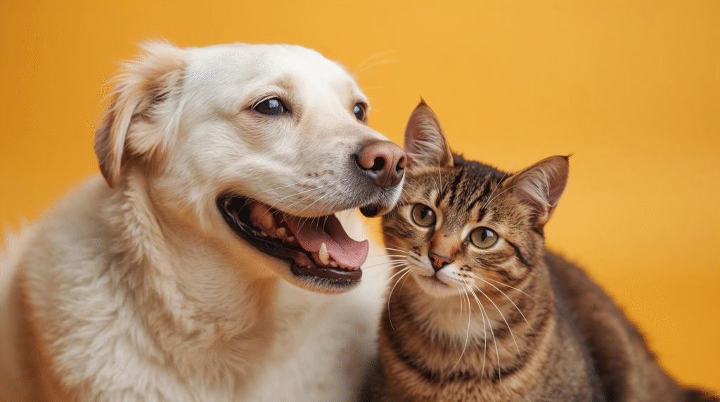 Golden retriever sitting happily next to a veterinarian while owner reviews pet insurance papers, representing pet care and insurance in 2025