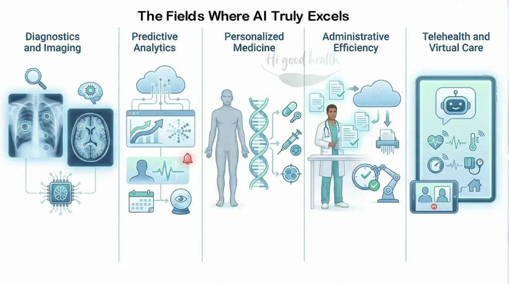 Overview of key areas where artificial intelligence shows strong potential in healthcare, including diagnostics, predictive analytics, personalized medicine, administration, and telehealth.