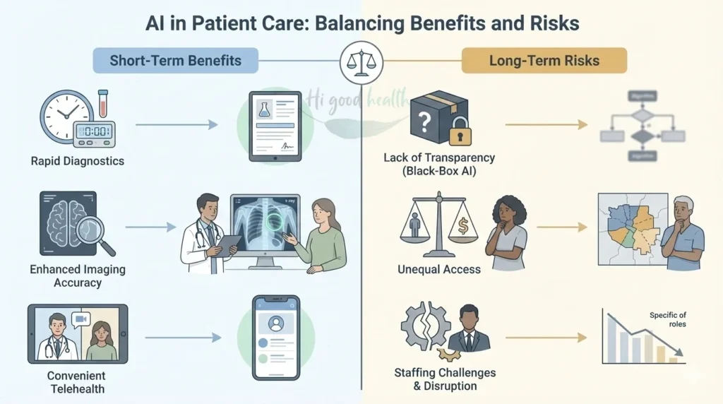 Short- and long-term impacts of AI on patients, highlighting benefits like faster care and risks such as inequality.