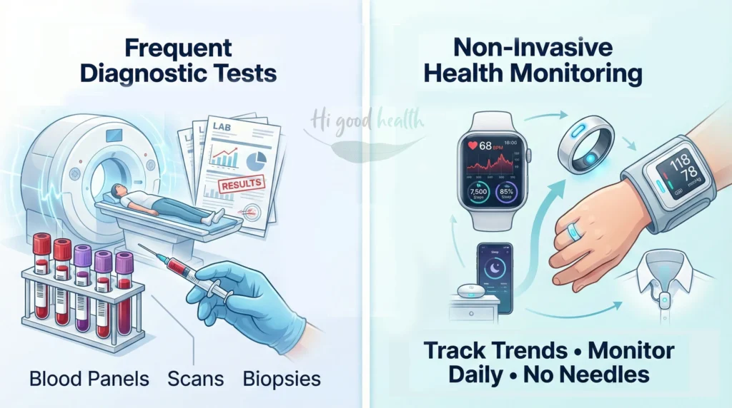 Explores whether frequent blood and diagnostic tests are necessary and highlights non-invasive health monitoring options