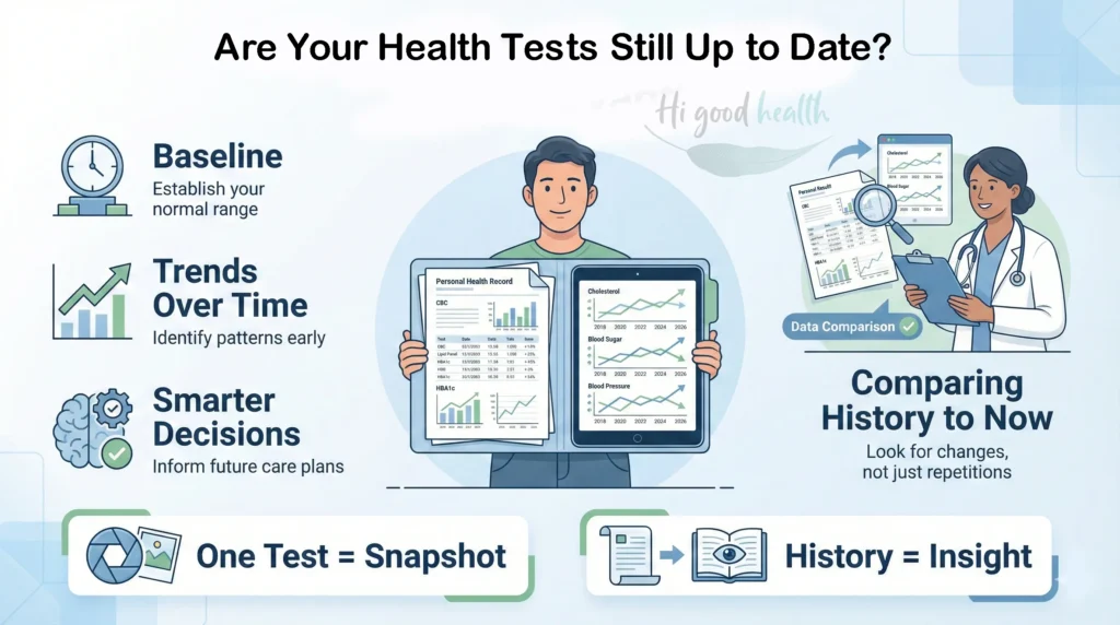 Explains why past diagnostic test results remain valuable for tracking health trends and avoiding unnecessary repeat tests