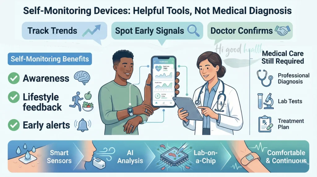 Explains how self-monitoring wearables support health tracking while highlighting limits and new non-invasive diagnostics