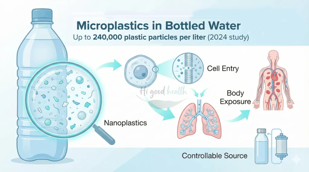 Microplastics and nanoplastics detected in bottled water, highlighting a hidden but controllable source of exposure.