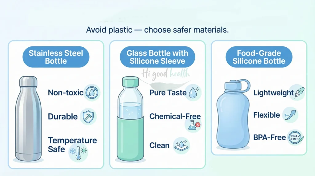Comparison of safer reusable water bottle materials: BPA-free plastic, stainless steel, glass, and silicone.