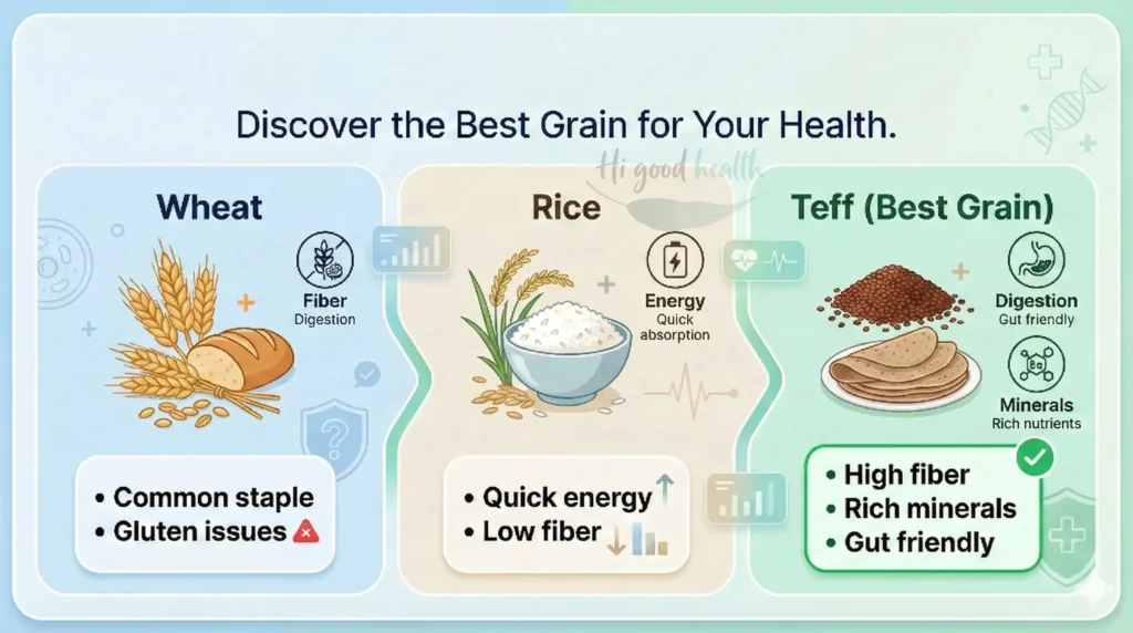 Comparison of wheat, rice, and teff grains highlighting healthier grain choices for daily nutrition