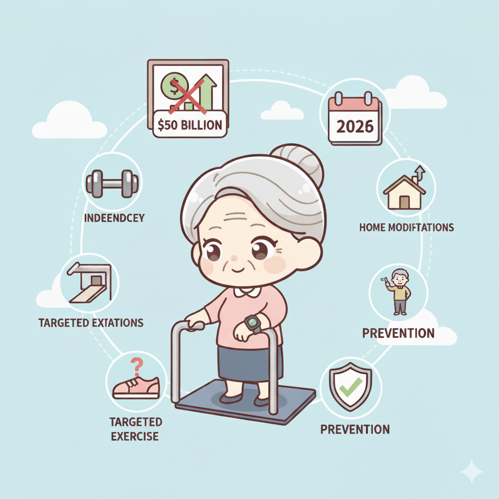 Fall prevention for seniors showing balance exercises, home safety modifications, and fall detection technology in 2026