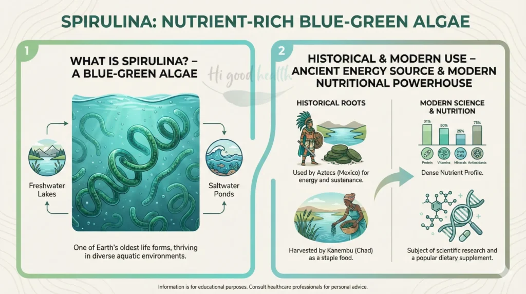 Illustration of Spirulina, a blue-green algae, with a backdrop of freshwater and saltwater environments.