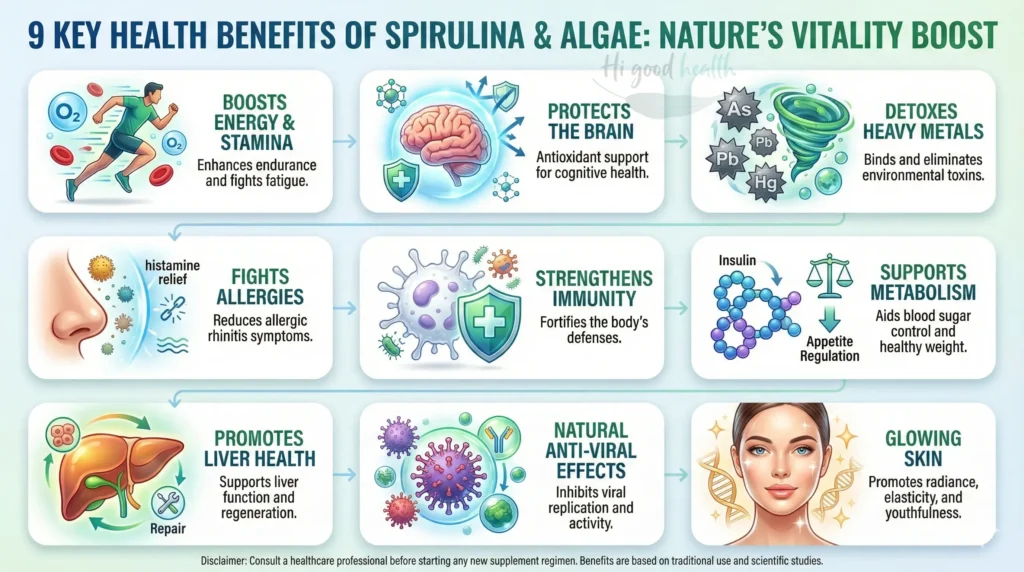 Nine health benefits of Spirulina & algae: energy, brain, detox, immunity, metabolism, liver, antiviral, skin.