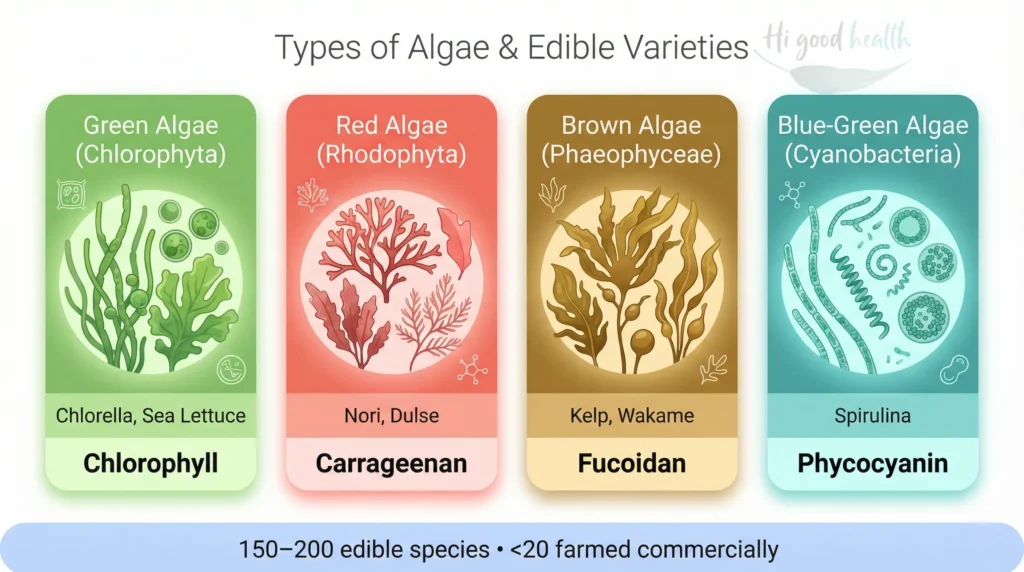 Types of algae, edible species, examples, and key nutrients for human consumption.