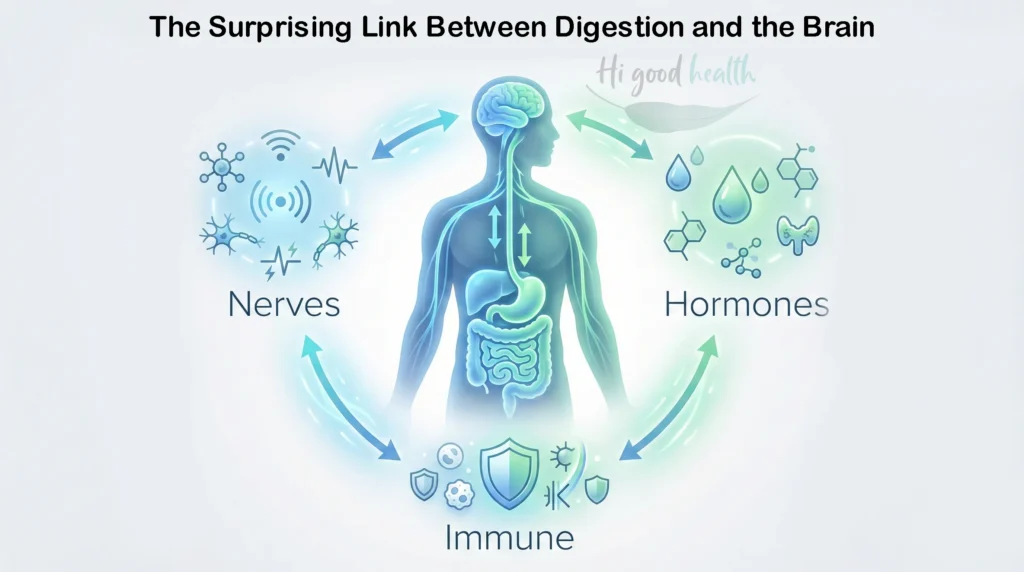 Diagram showing two-way communication between the gut and brain via nerves, hormones, and immune signals.