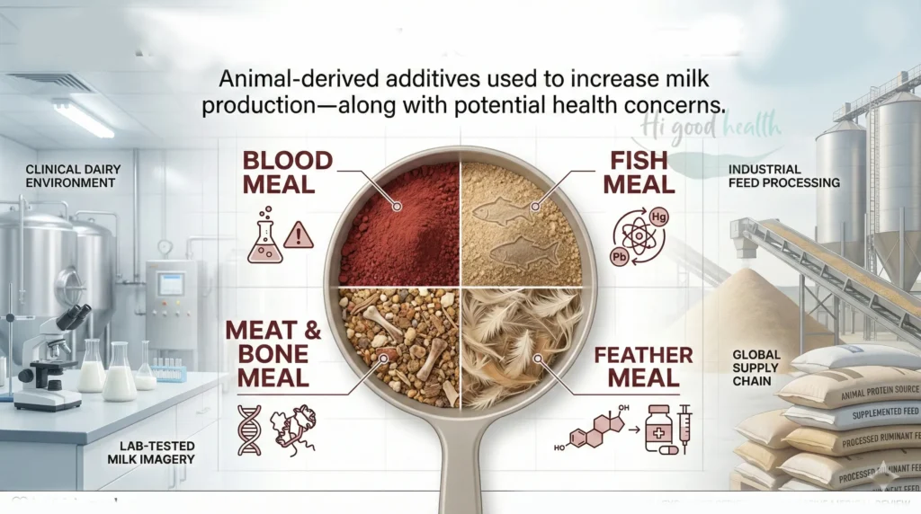 Overview of hidden animal-derived ingredients in modern cattle feed, including blood meal, fish meal, and meat byproducts.