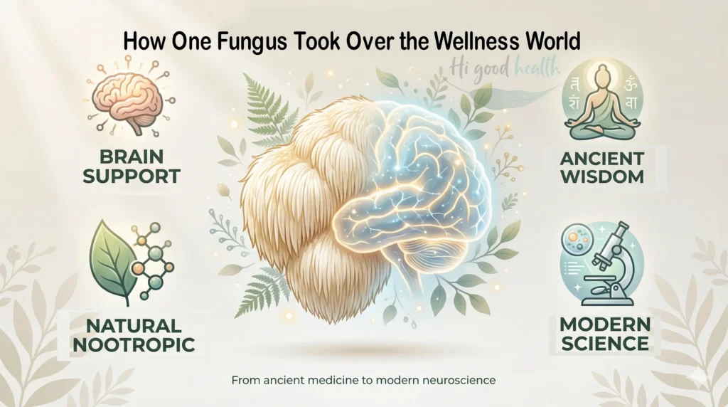 Lion’s Mane mushroom, a brain-supporting fungus used historically by monks and now popular in wellness trends worldwide.