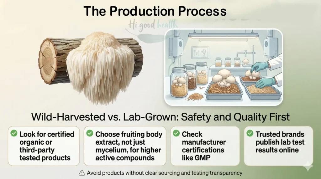 Lion’s Mane mushroom production, showing wild vs. lab-grown cultivation and tips for choosing high-quality supplements.