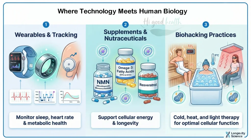 Augmented biology tools: wearables, supplements, and biohacks help track and improve longevity in 2026.