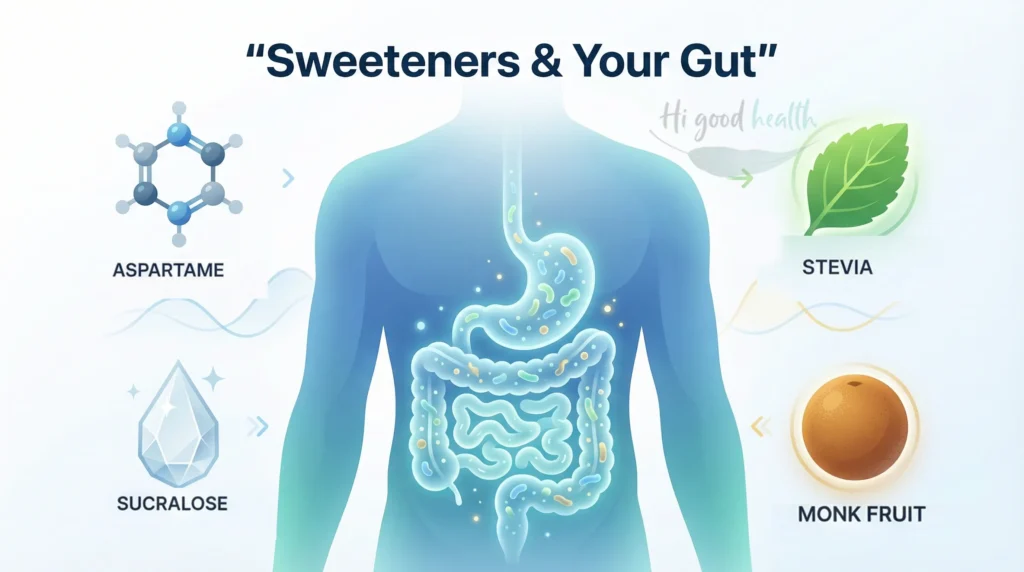 Comparison of natural and artificial sweeteners, highlighting their effects on gut health, appetite, and blood sugar.