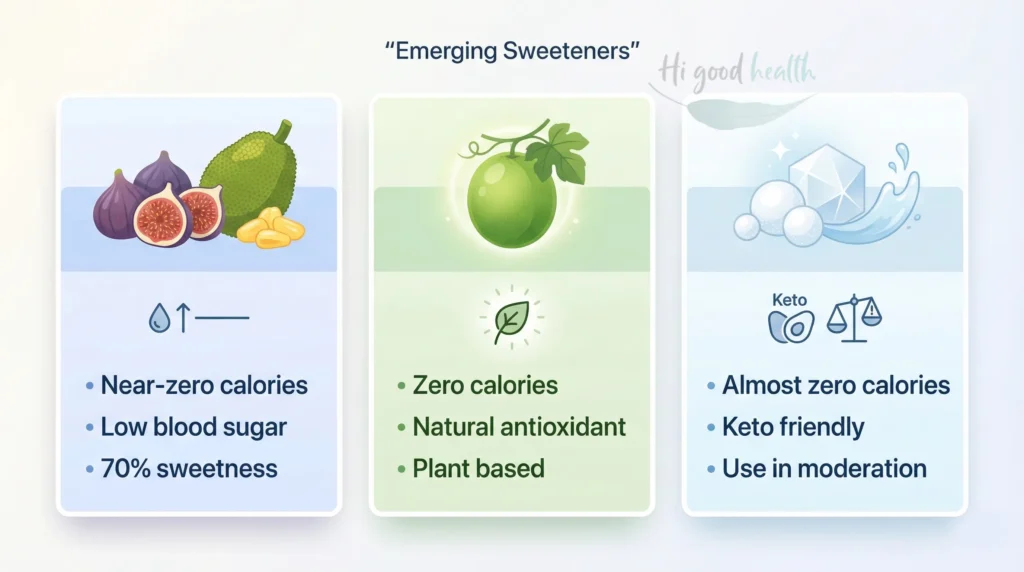 Emerging sweeteners like allulose, monk fruit, and erythritol, highlighting benefits, uses, and potential health considerations.