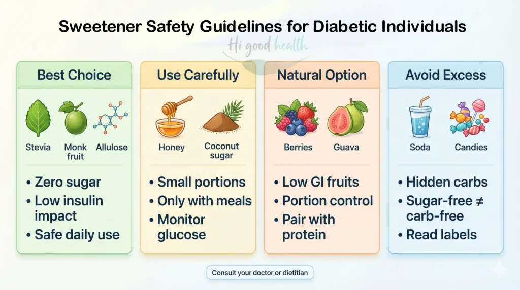 Guidance on sweetener choices for diabetics, showing natural and artificial options and their impact on blood sugar.