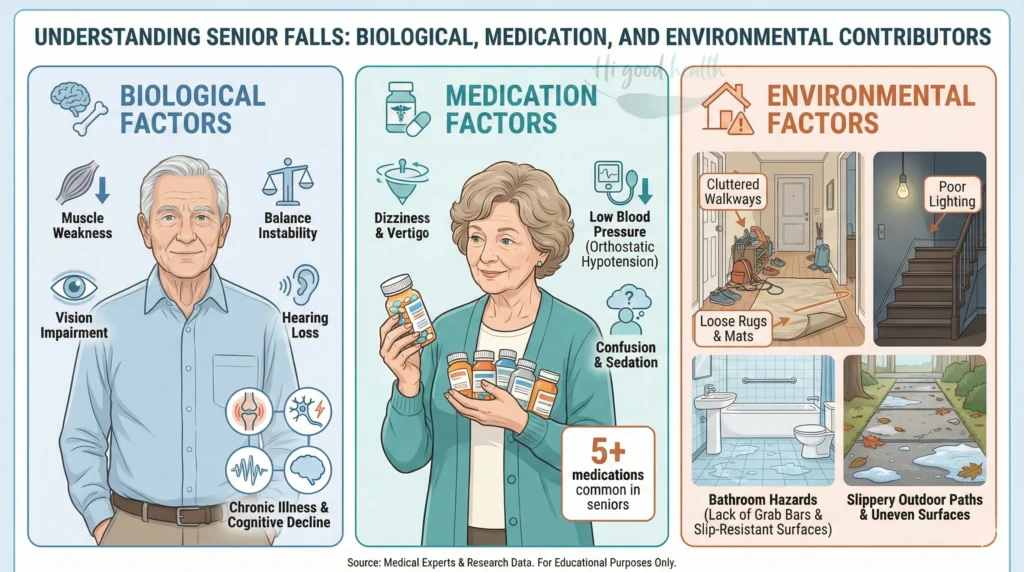 Common causes of falls in seniors including muscle weakness, medications, and home hazards