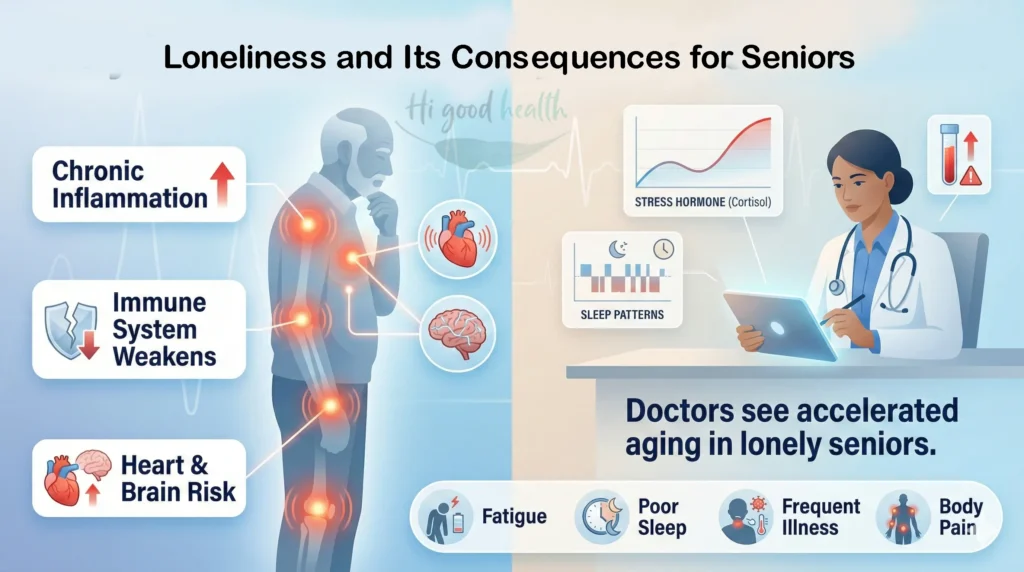 Medical effects of loneliness in seniors causing inflammation, weak immunity, heart disease, and fatigue.