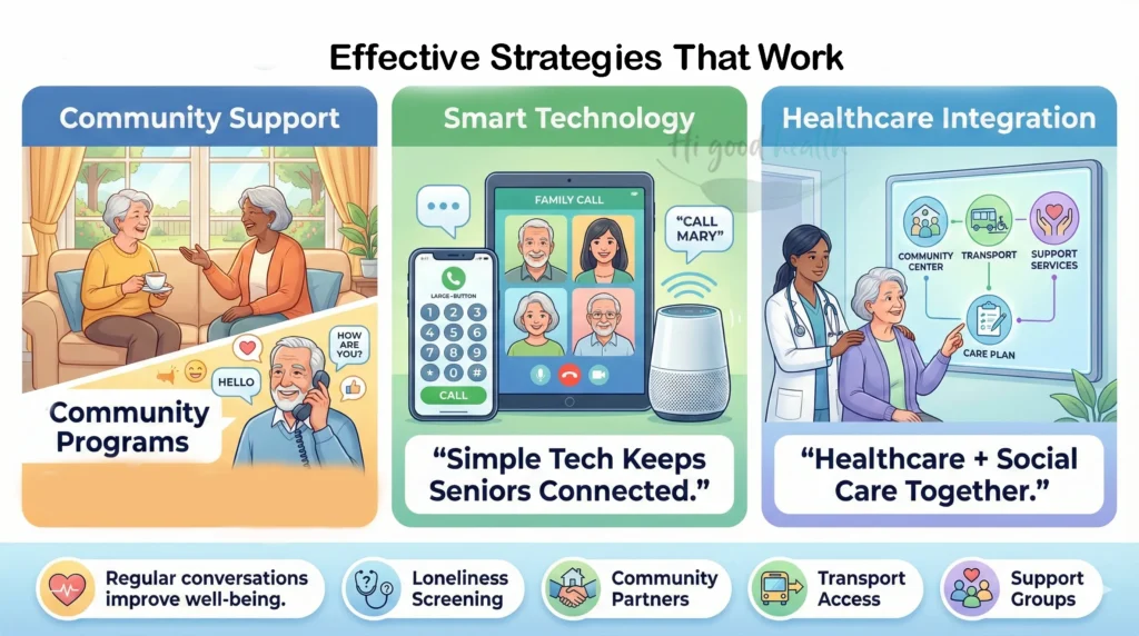 Solutions for senior loneliness using community programs, technology tools, social prescribing, and intergenerational support.