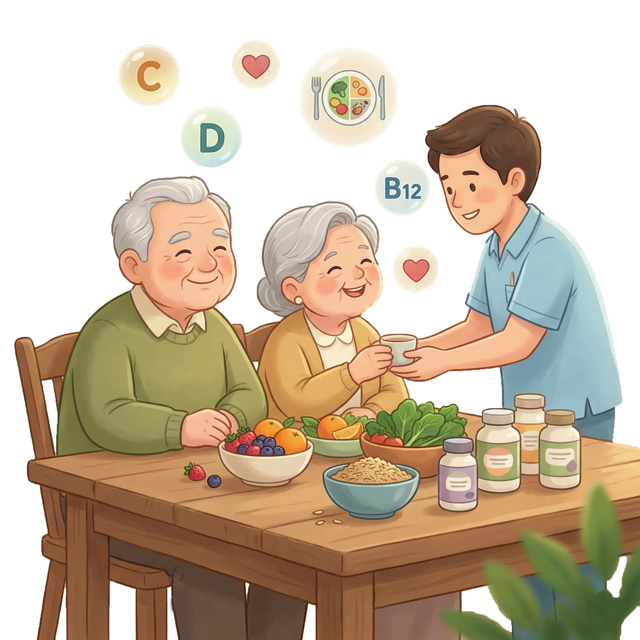 Senior nutrition and dietary supplements with balanced diet vitamins and healthy meals for elderly