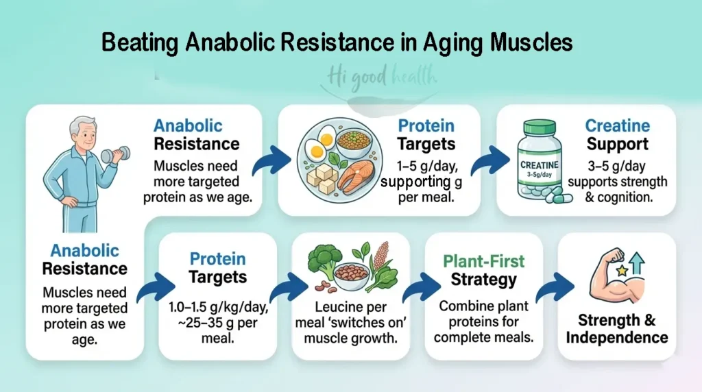 Senior protein guide 2026: prevent muscle loss, leucine, creatine, plant-first meals, strength support.