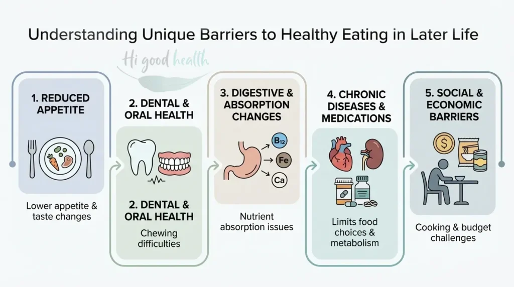 Senior nutrition challenges: appetite, digestion, oral health, chronic disease, and social factors.