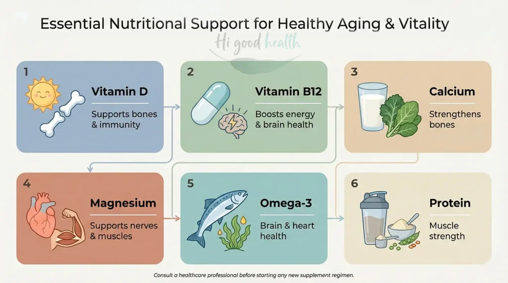 Essential supplements for seniors: vitamin D, B12, calcium, magnesium, omega-3s, and protein.