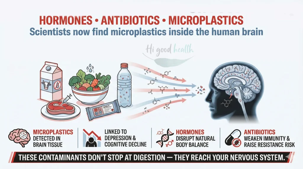 Hidden hormones, antibiotics, and microplastics entering food and reaching the brain, affecting mental and hormonal health