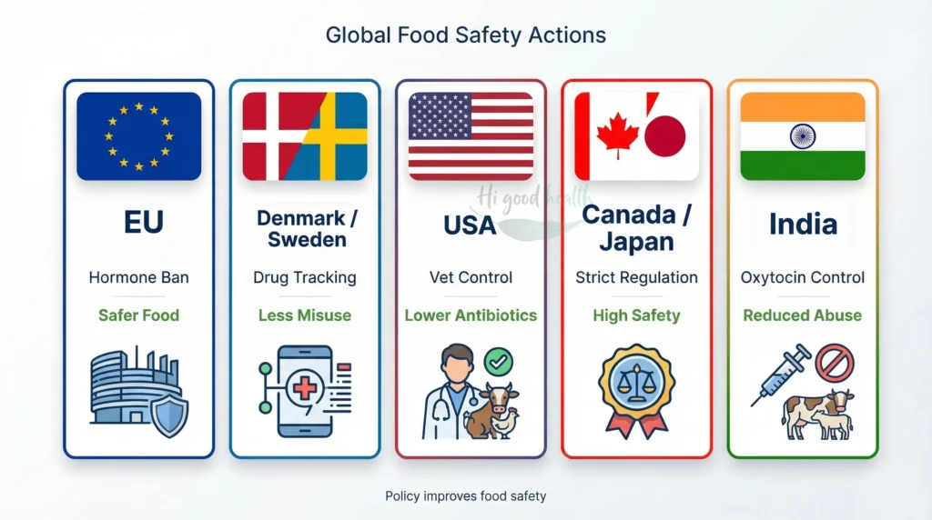 Table showing country actions to reduce hormones and antibiotics in food systems.