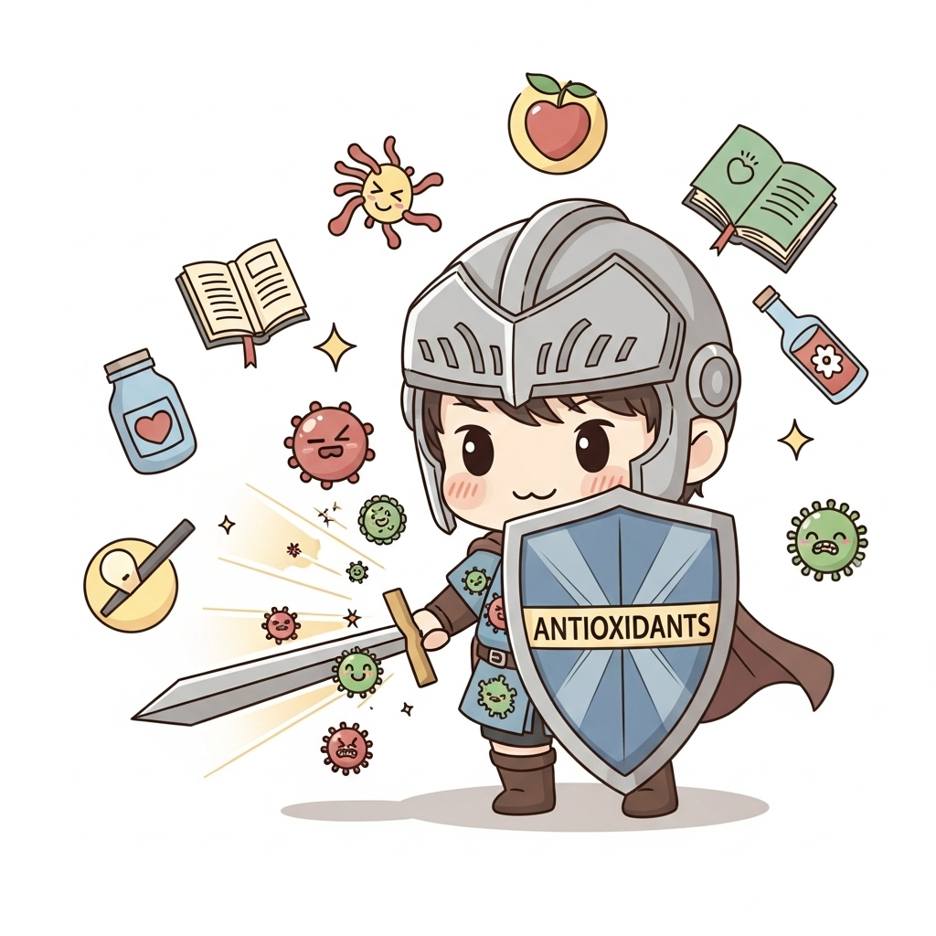 Visual of antioxidant-rich foods like berries, green tea, and dark chocolate forming a shield to protect the body from disease.