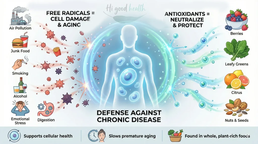 Antioxidants protect body cells from free radicals caused by stress, pollution, and poor diet, reducing aging and disease risk.