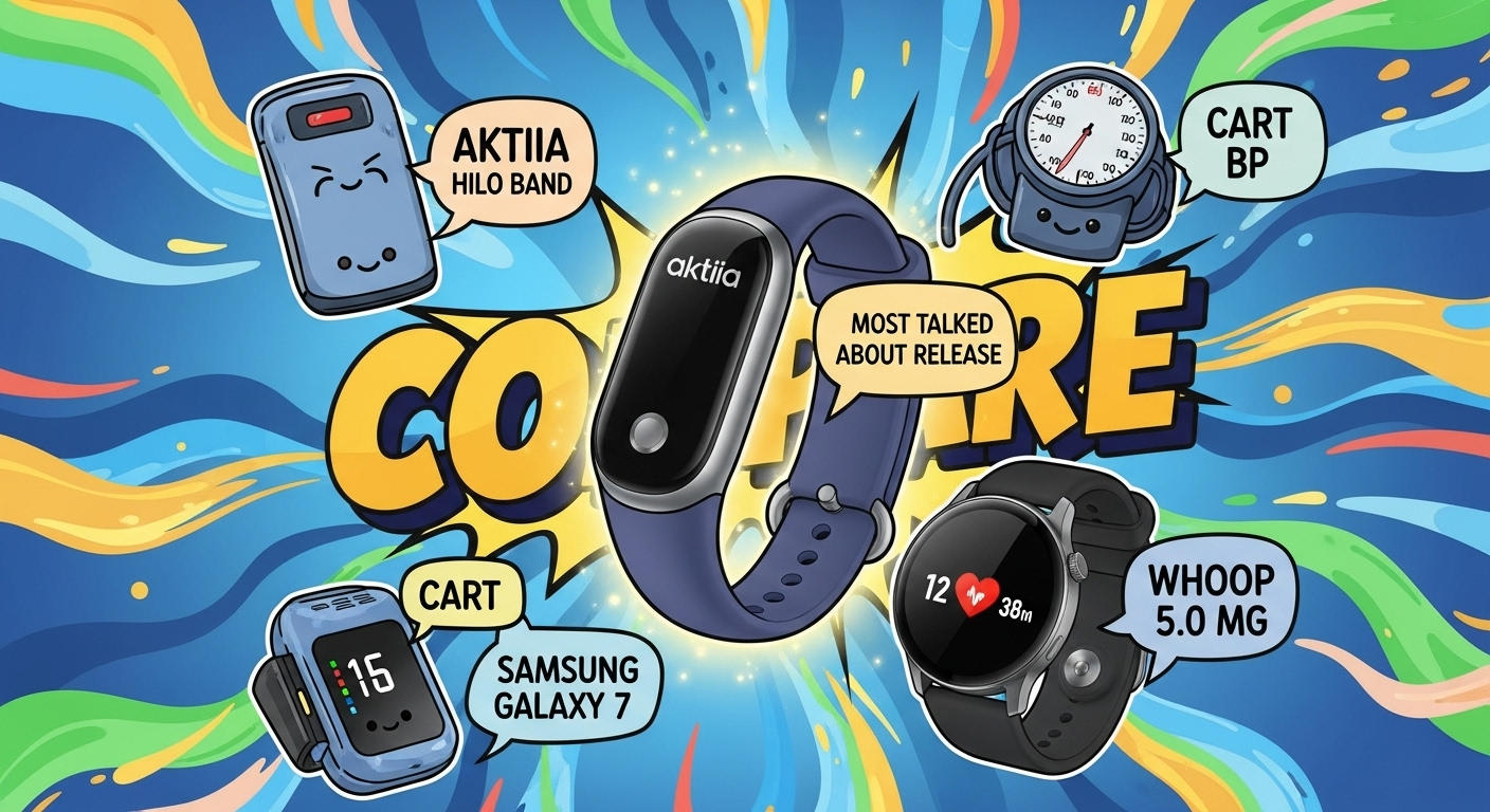 Cuffless blood pressure monitors in 2026 showing wearable devices like wristbands and rings measuring blood pressure without an arm cuff