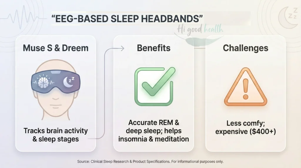 EEG headbands like Muse S track brain waves for accurate sleep stage monitoring and meditation guidance.