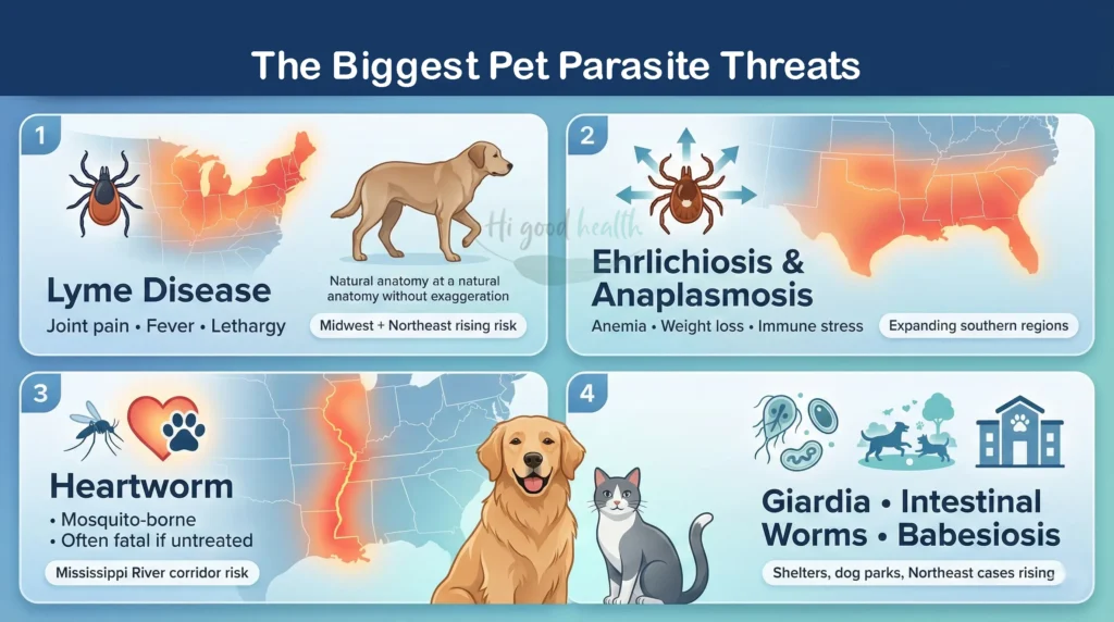 Map showing top tick and parasite threats in the U.S. for pets in 2026, including Lyme disease and heartworm risk zones.