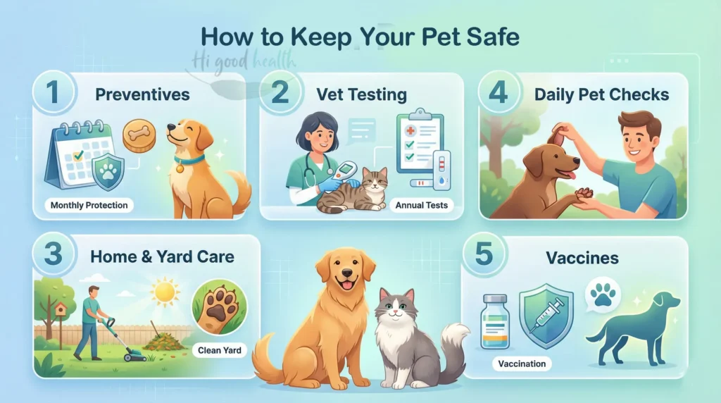 Pet safety checklist showing year-round parasite prevention, vet testing, yard care, daily tick checks, and vaccines.