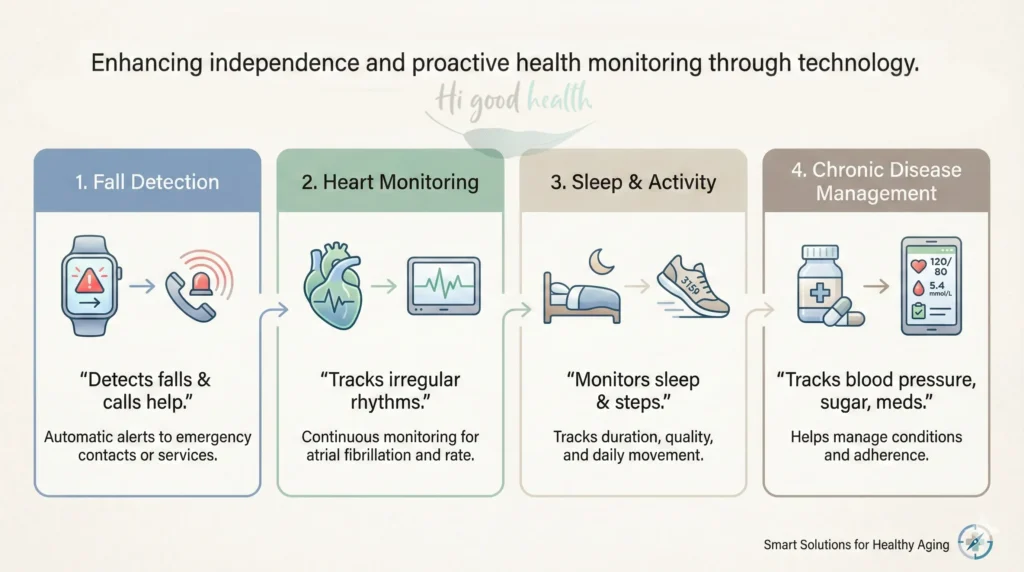 Senior wearing smartwatch for fall detection, heart monitoring, sleep tracking, and medication reminders.