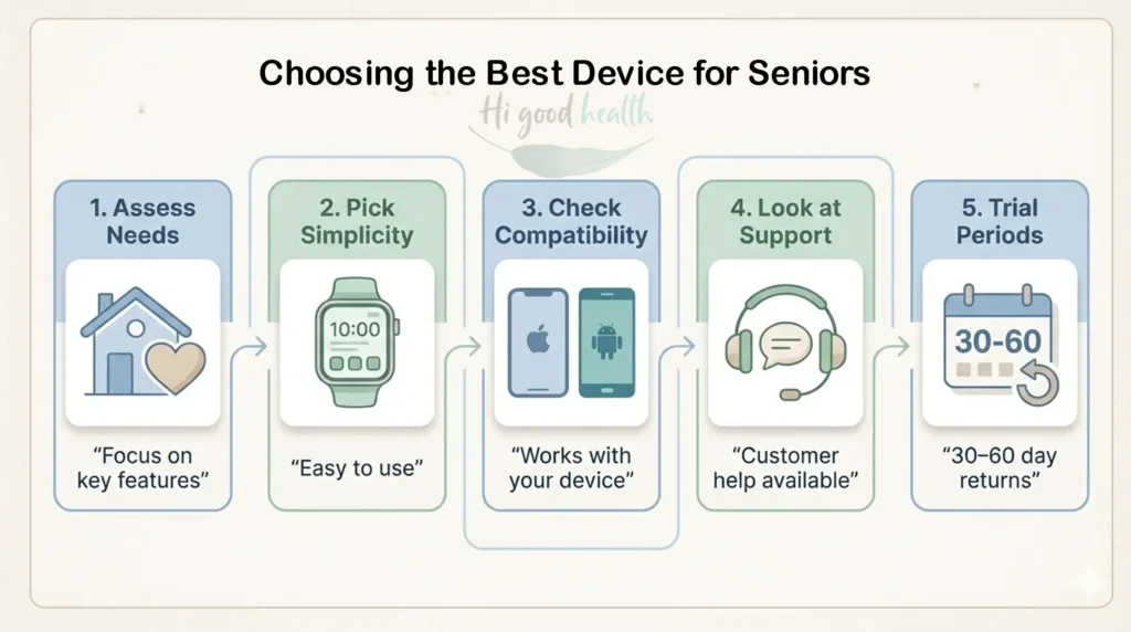 Senior evaluating smartwatch features for fall detection, heart monitoring, and ease of use.