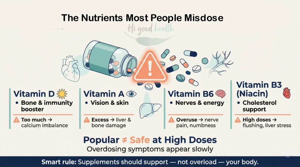 Commonly misdosed vitamins like D, A, B6, and B3 can be harmful if taken in excess.