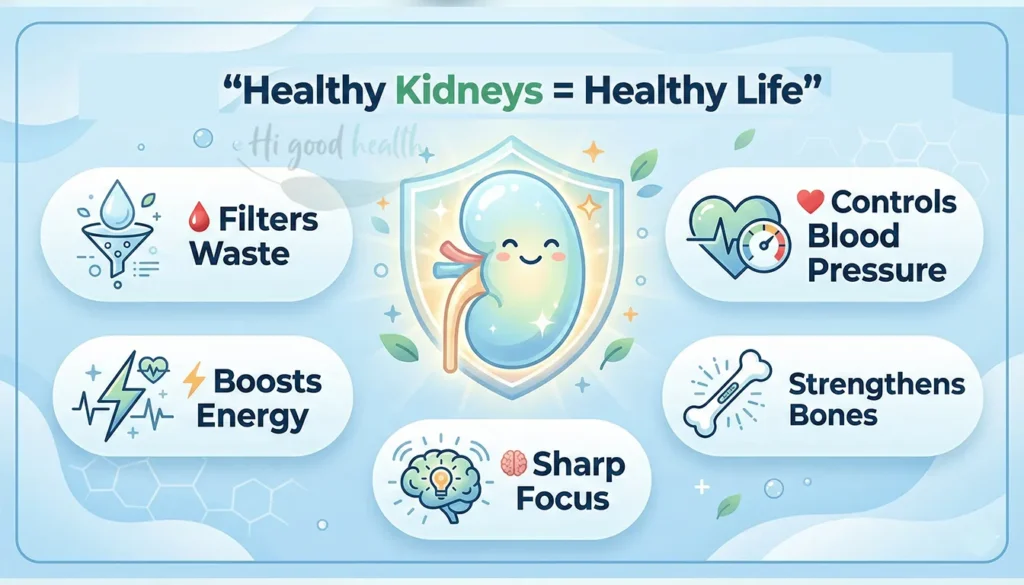 Illustration showing healthy kidneys supporting blood filtration, energy, blood pressure balance, and overall body wellness.