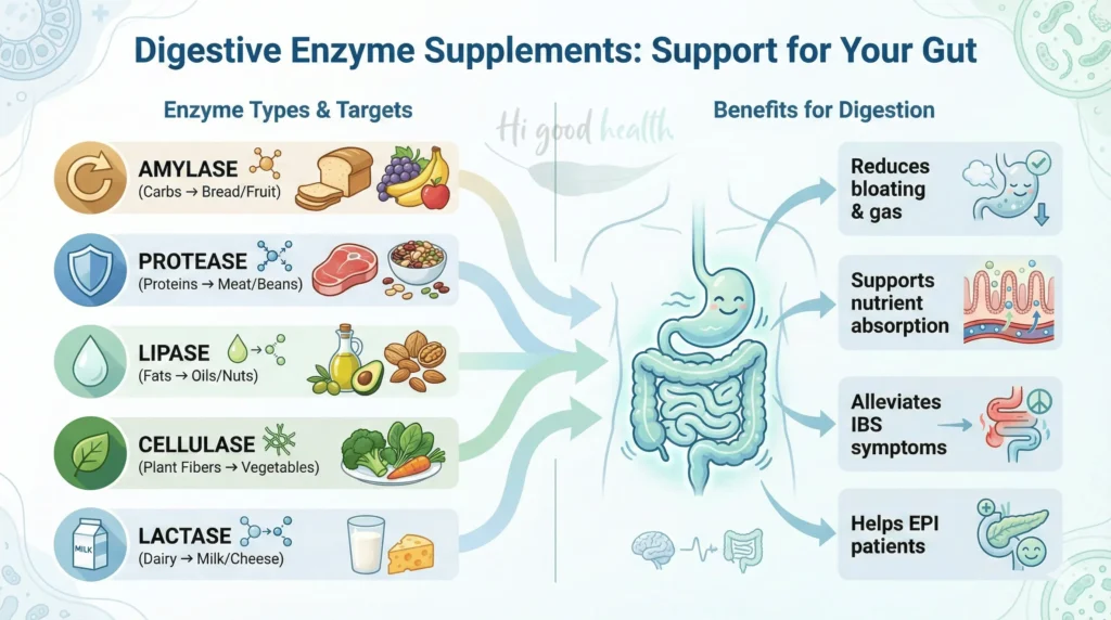 Digestive enzyme supplements aid food breakdown, nutrient absorption, and ease bloating or digestive discomfort.