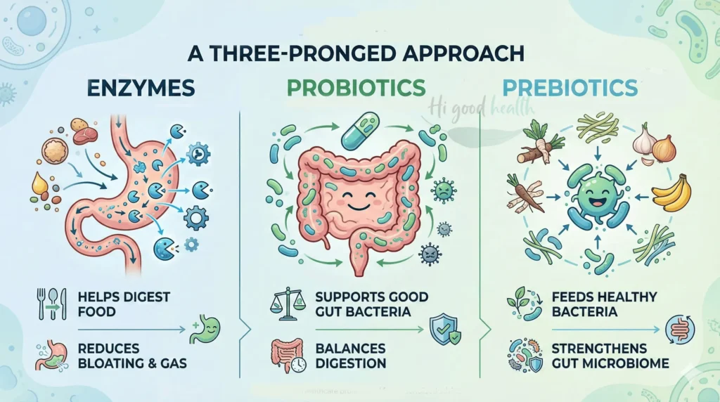 Digestive supplements: enzymes, probiotics, and prebiotics help ease digestion and support gut health