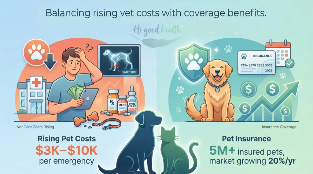Pet insurance overview 2026 showing rising vet costs, emergencies, and coverage growth in the US.