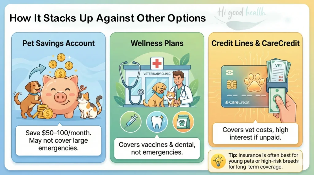 Compare pet insurance vs savings, wellness plans, and vet credit lines for emergencies and preventive care.