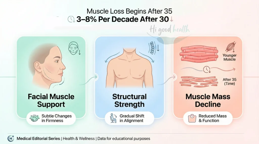Sagging face or breasts after 35 may indicate muscle loss (sarcopenia) rather than natural aging.