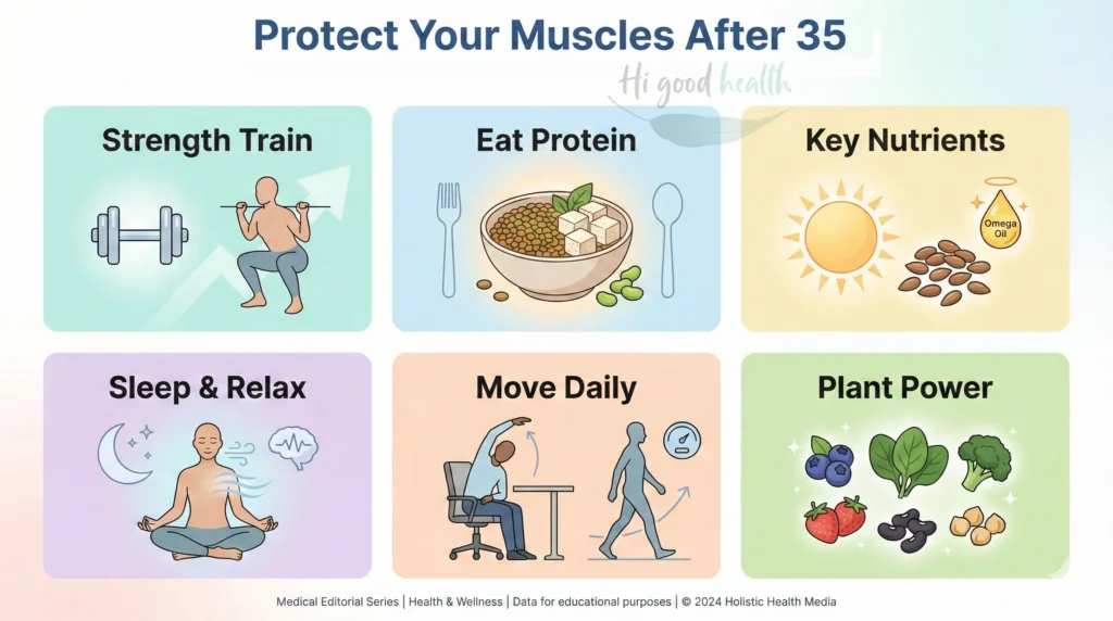 Science-backed strategies to prevent muscle loss, including resistance training, plant-based protein, nutrients, sleep, and daily movement.