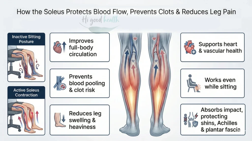 The soleus muscle behind the calf acts as a “second heart,” pumping blood, improving circulation, and protecting against leg pain.