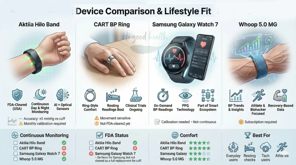Comparison of cuffless blood pressure monitors in 2026, including Aktiia Hilo Band, CART BP ring, Galaxy Watch, and Whoop.
