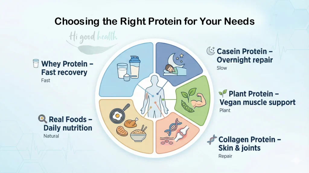 Different protein sources like whey, plant, eggs, and collagen displayed with fitness and healthy lifestyle icons.