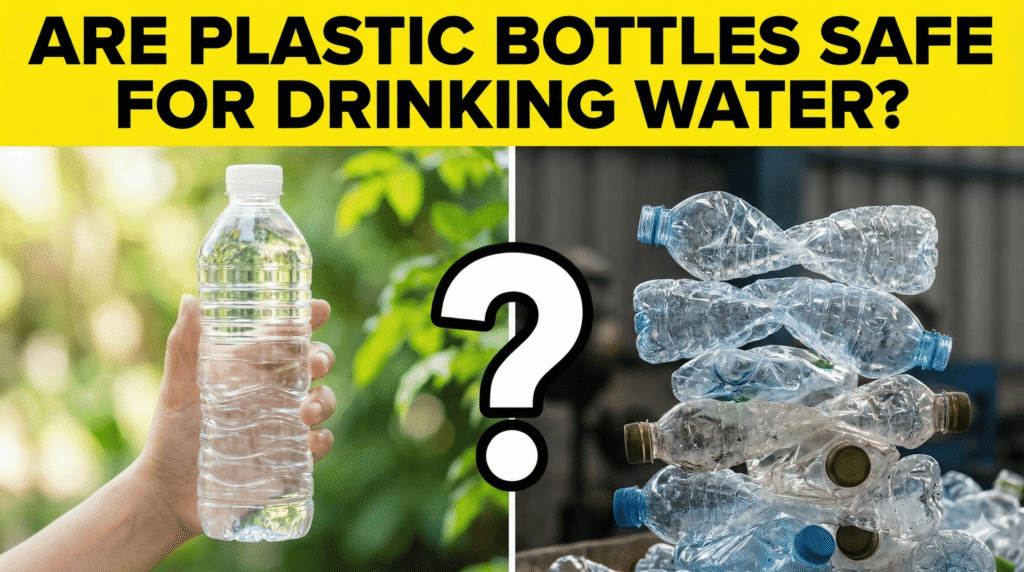 Are plastic bottles safe for drinking water? Split image showing a hand holding a plastic water bottle versus a pile of discarded plastic bottles with a question mark.